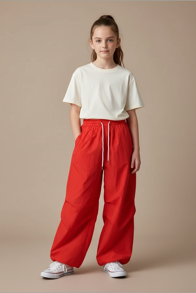 Pantalon Parachute Rouge Fluide Ample Décontracté - Polyester