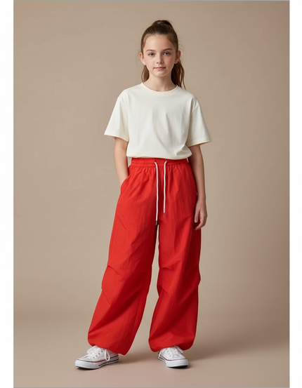 Pantalon Parachute Rouge Fluide Ample Décontracté - Polyester