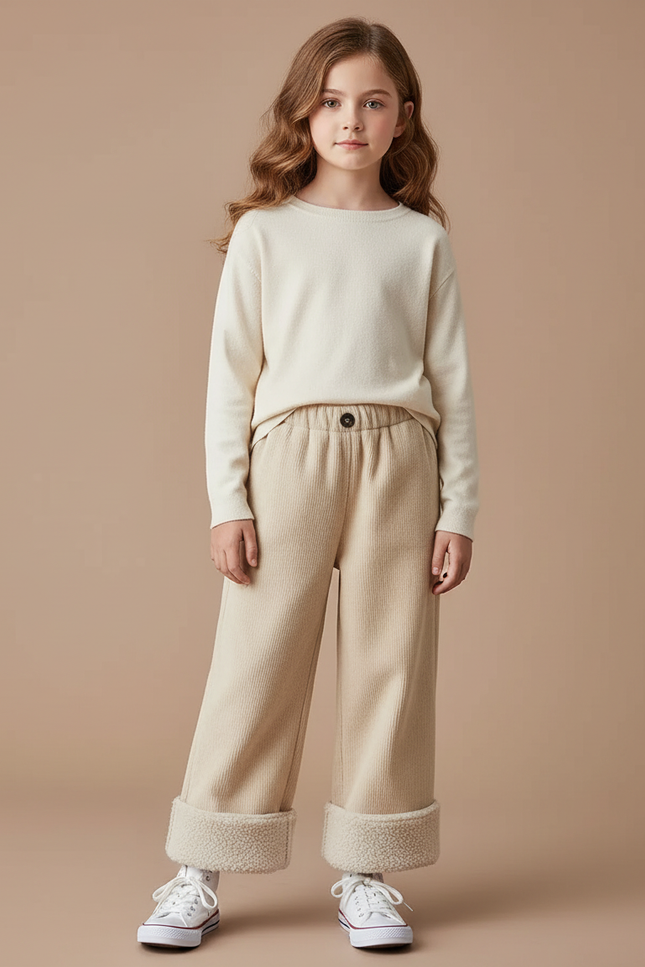 Pantalon Parachute Beige Côtelé Sherpa Enfant Chaud - Cordé