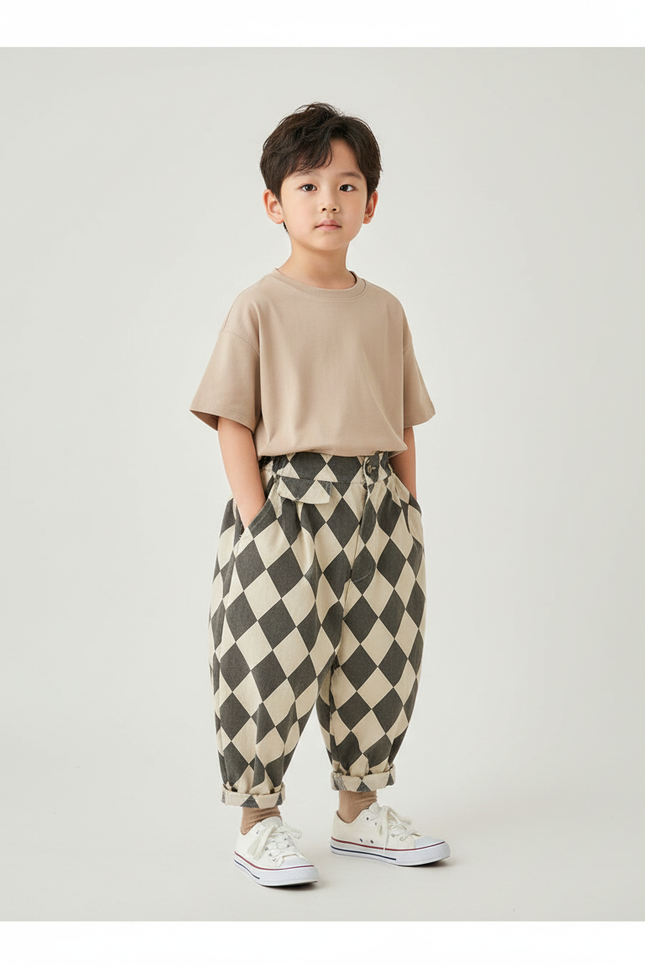 Pantalon Parachute Carreaux Ample Garçon Coton Décontracté - Imprimé