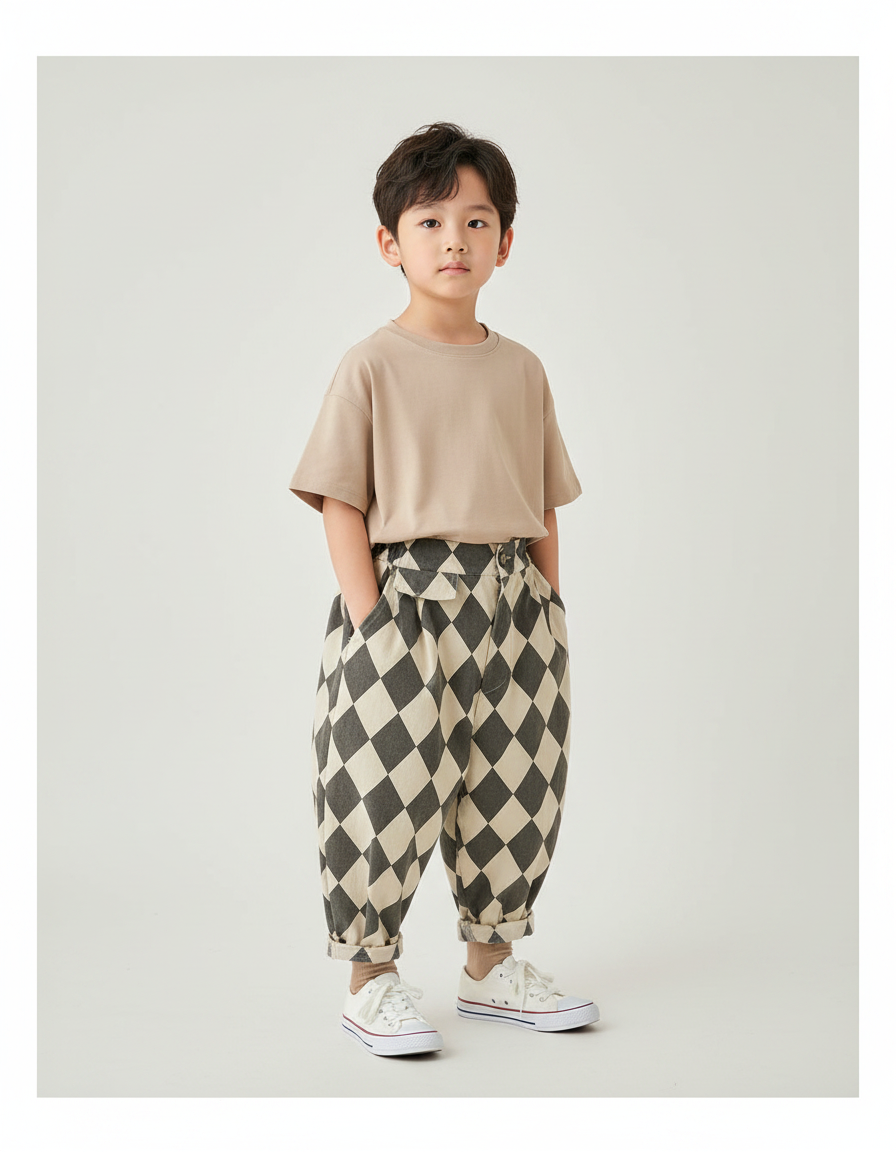Pantalon Parachute Carreaux Ample Garçon Coton Décontracté - Imprimé