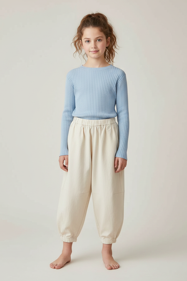 Pantalon Parachute Beige Ample Enfant Coton Élastiqué