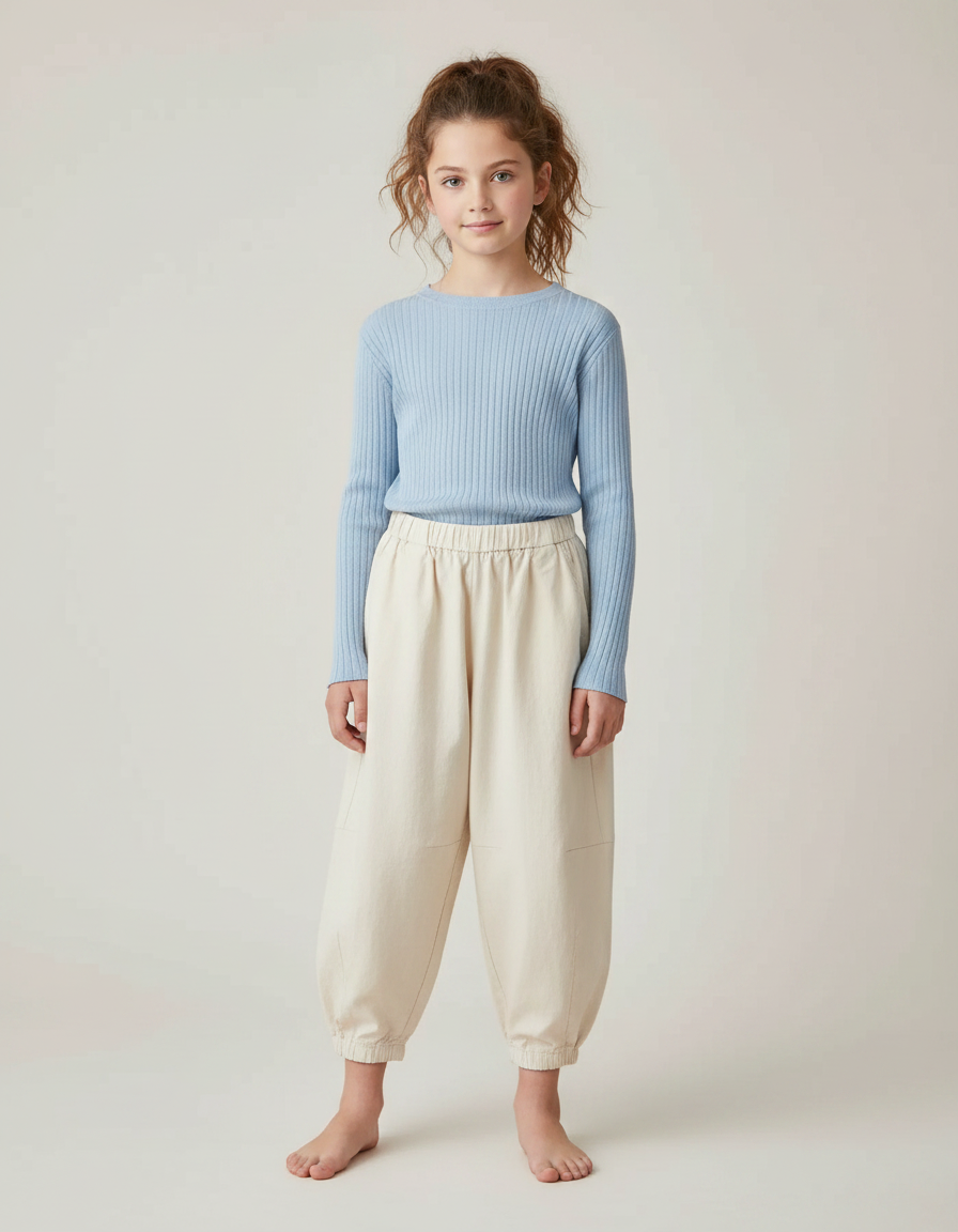Pantalon Parachute Beige Ample Enfant Coton Élastiqué