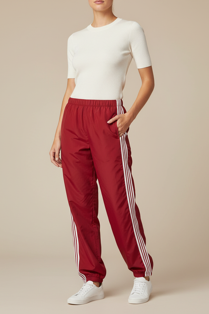 Pantalon Parachute Rouge Ample Rayures Blanches Sport - Polyester