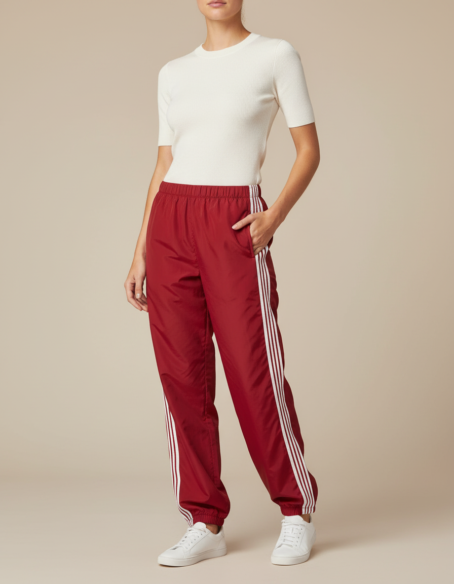 Pantalon Parachute Rouge Ample Rayures Blanches Sport - Polyester