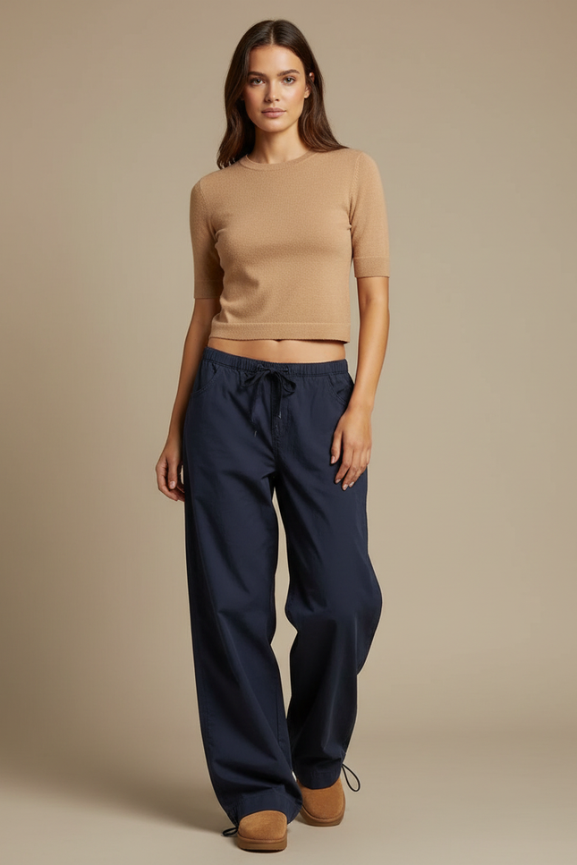 Pantalon Parachute Bleu Marine Ample Cordon Fluide - Polyester