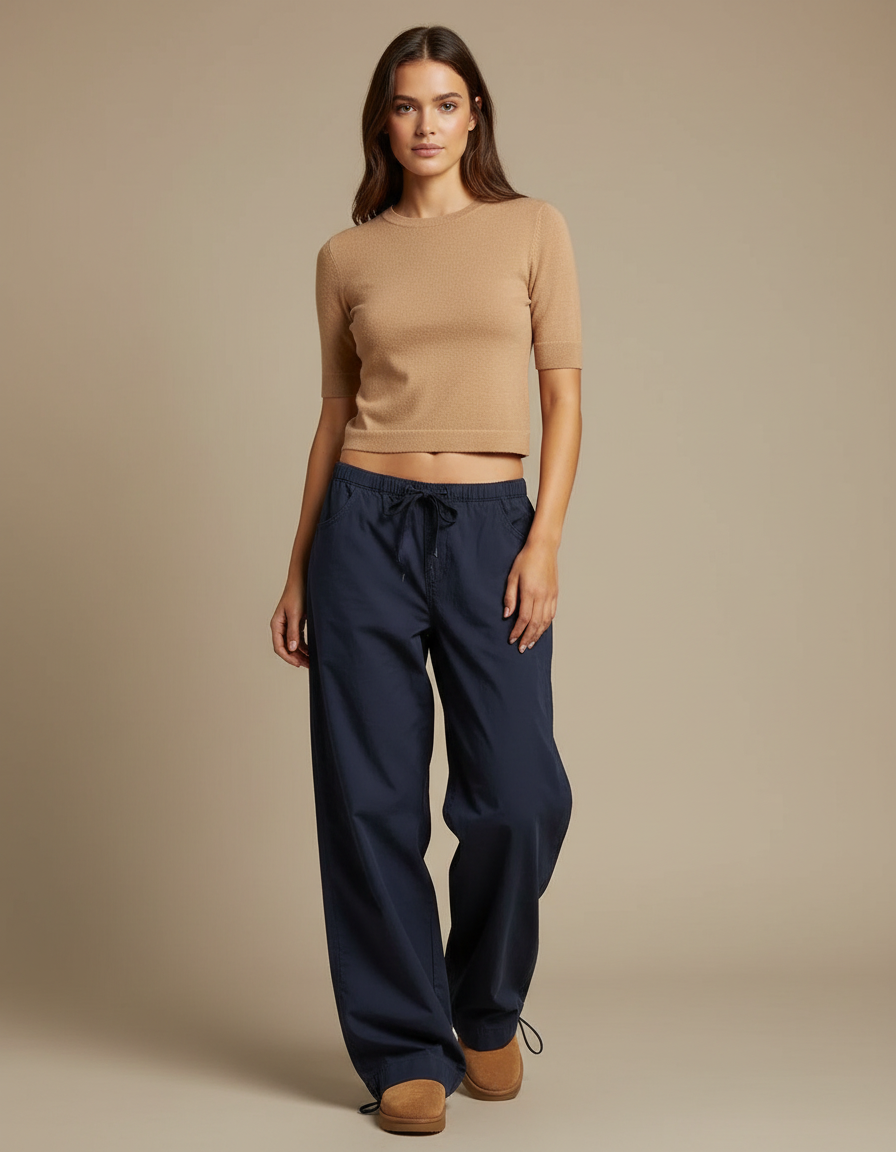 Pantalon Parachute Bleu Marine Ample Cordon Fluide - Polyester