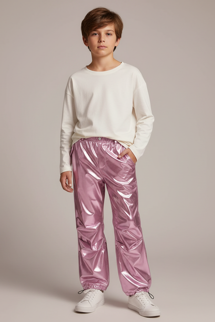 Pantalon Parachute Rose Métallisé Ample Enfant Brillant - Polyester