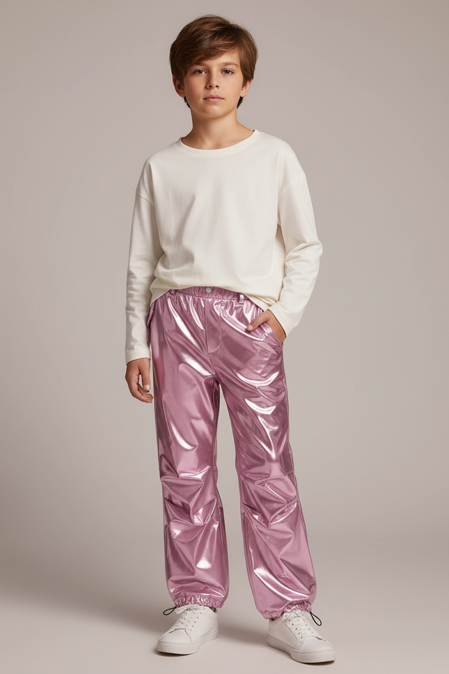 Pantalon Parachute Rose Métallisé Ample Enfant Brillant - Polyester