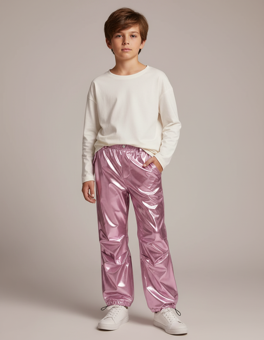 Pantalon Parachute Rose Métallisé Ample Enfant Brillant - Polyester
