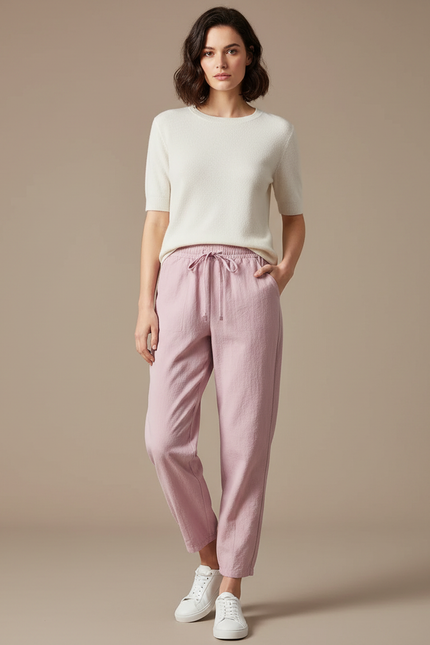 Pantalon Parachute Rose Lin Ample Femme Décontracté