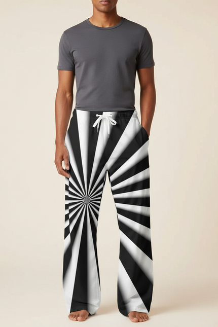 Pantalon Parachute Rayé Noir Blanc Ample Décontracté Cordon - Imprimé Polyester