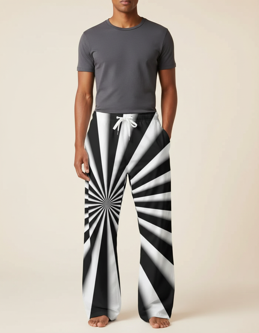 Pantalon Parachute Rayé Noir Blanc Ample Décontracté Cordon - Imprimé Polyester