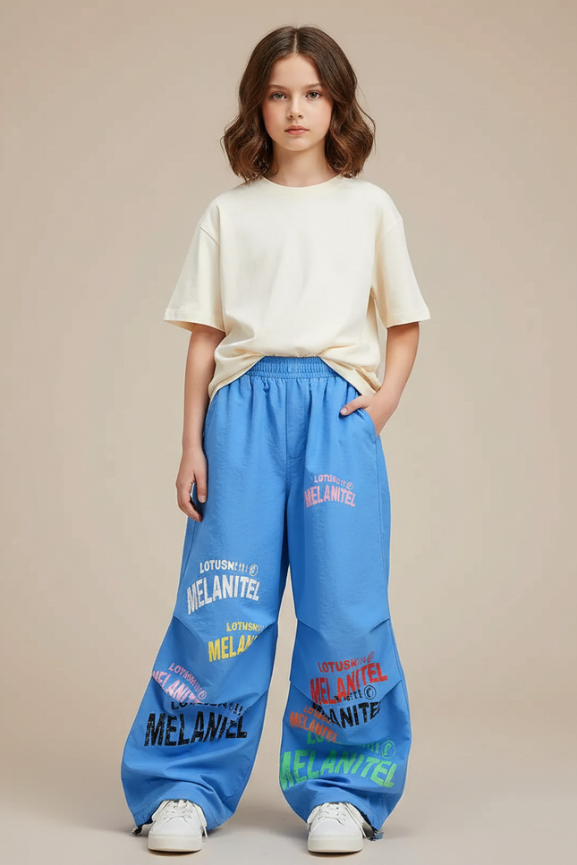 Pantalon Parachute Bleu Ample Lettres Colorées Enfant - Polyester