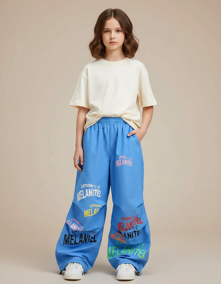 Pantalon Parachute Bleu Ample Lettres Colorées Enfant - Polyester