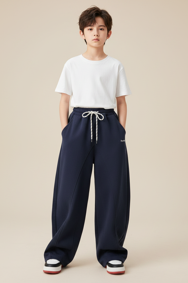 Pantalon Parachute Bleu Marine Ample Coton Enfant Cordon - Molleton