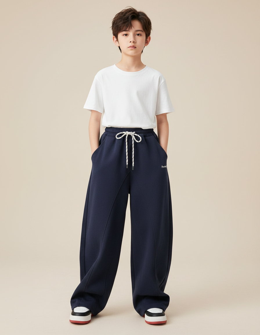 Pantalon Parachute Bleu Marine Ample Coton Enfant Cordon - Molleton
