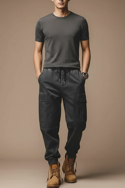 Pantalon Parachute Cargo Noir Homme Ample Décontracté - Toile