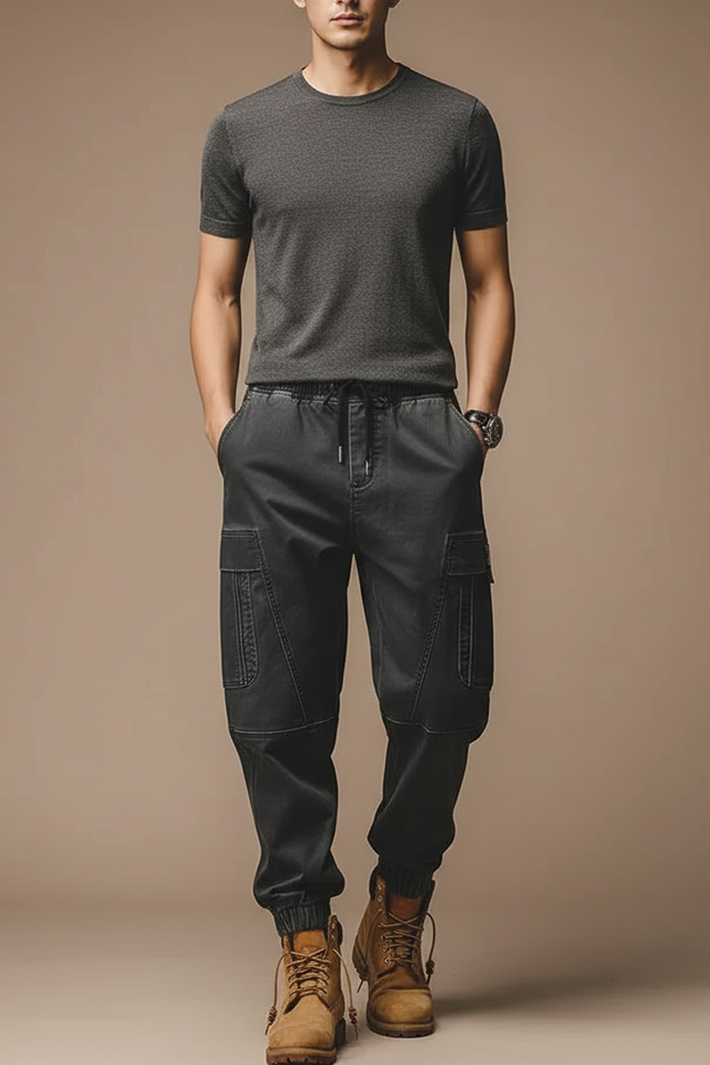 Pantalon Parachute Cargo Noir Homme Ample Décontracté - Toile