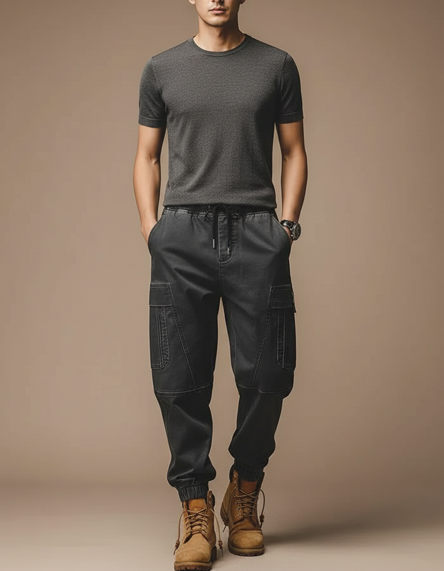 Pantalon Parachute Cargo Noir Homme Ample Décontracté - Toile
