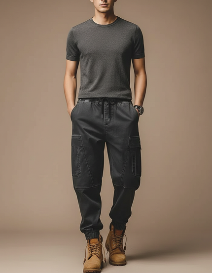 Pantalon Parachute Cargo Noir Homme Ample Décontracté - Toile