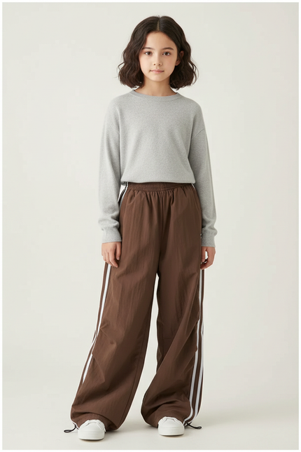 Pantalon Parachute Marron Ample Rayures Blanches Streetwear - Polyester