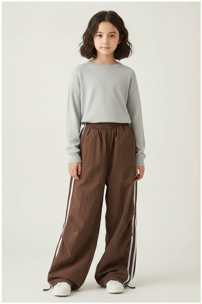 Pantalon Parachute Marron Ample Rayures Blanches Streetwear - Polyester