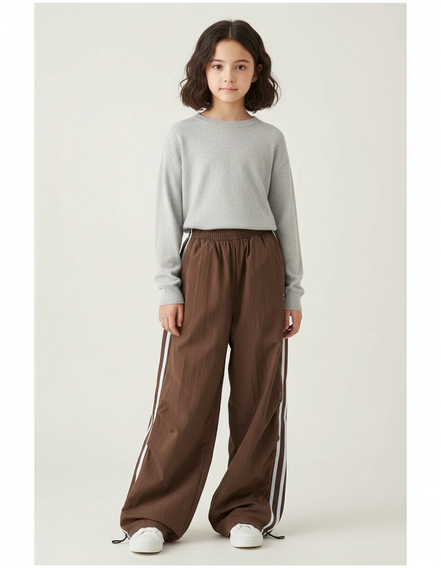 Pantalon Parachute Marron Ample Rayures Blanches Streetwear - Polyester