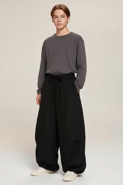 Pantalon Parachute Noir Ample Unisexe Cordon Confortable - Polyester