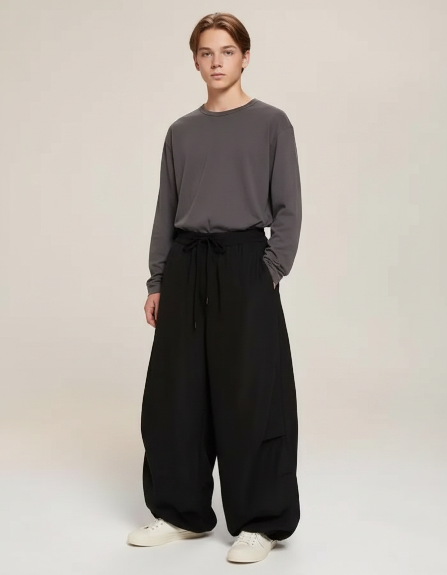 Pantalon Parachute Noir Ample Unisexe Cordon Confortable - Polyester
