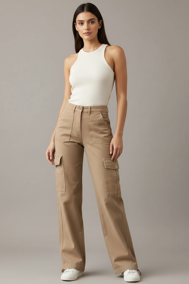 Pantalon Parachute Beige Ample Cargo Décontracté Femme - Toile