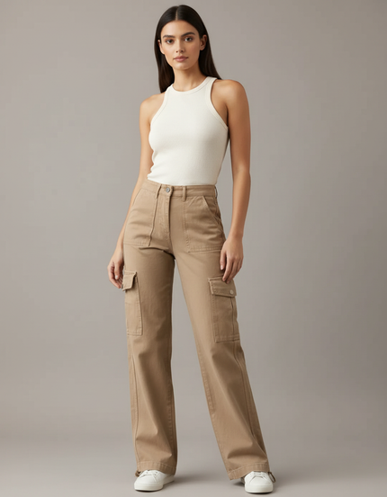 Pantalon Parachute Beige Ample Cargo Décontracté Femme - Toile