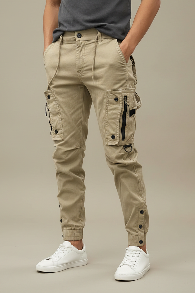 Pantalon Parachute Beige Cargo Boutons Homme - Toile