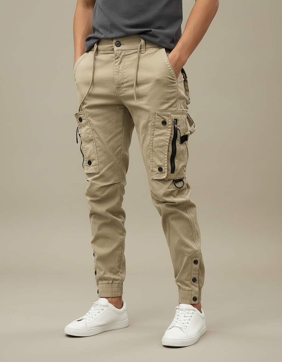 Pantalon Parachute Beige Cargo Boutons Homme - Toile