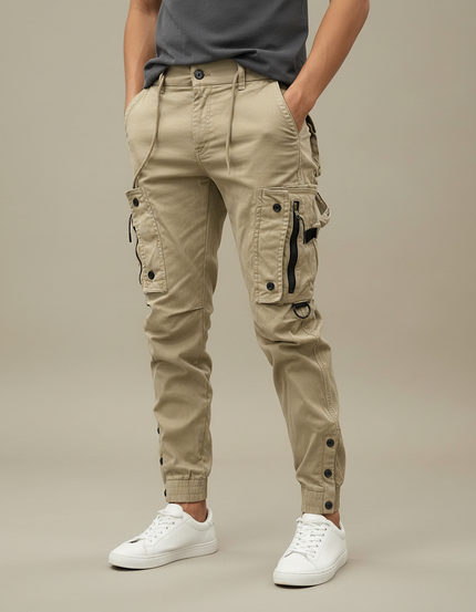 Pantalon Parachute Beige Cargo Boutons Homme - Toile