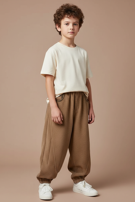 Pantalon Parachute Marron Côtelé Ample Élastiqué Garçon - Cordé