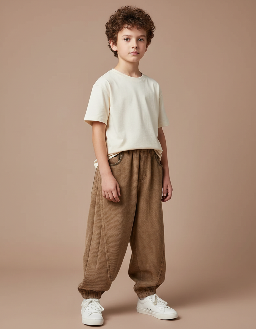 Pantalon Parachute Marron Côtelé Ample Élastiqué Garçon - Cordé