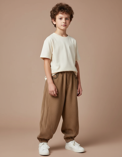 Pantalon Parachute Marron Côtelé Ample Élastiqué Garçon - Cordé
