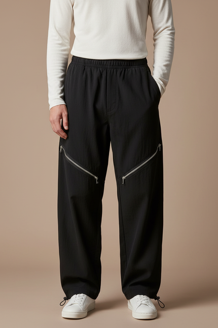 Pantalon Parachute Noir Ample Zippé Décontracté Homme - Polyester