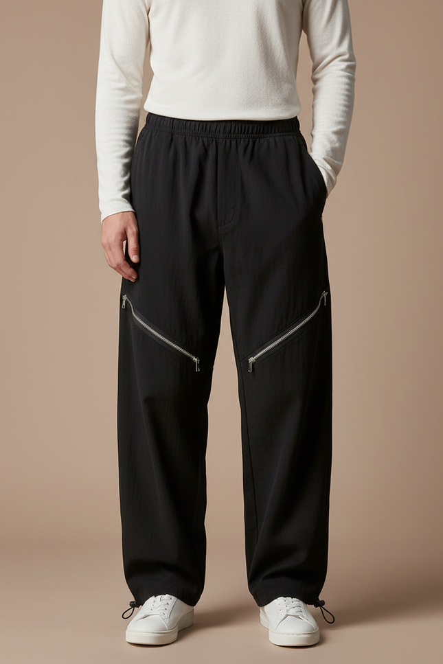 Pantalon Parachute Noir Ample Zippé Décontracté Homme - Polyester