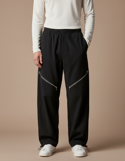 Pantalon Parachute Noir Ample Zippé Décontracté Homme - Polyester