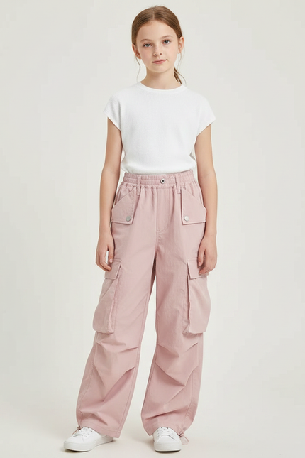 Pantalon Parachute Rose Cargo Taille Haute Enfant - Polyester