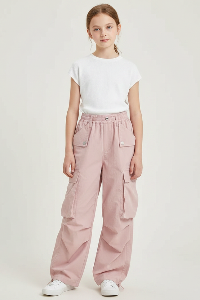 Pantalon Parachute Rose Cargo Taille Haute Enfant - Polyester