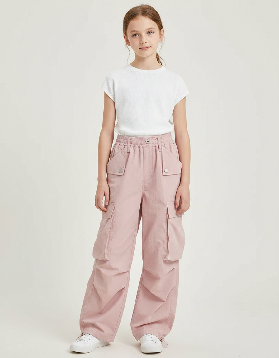 Pantalon Parachute Rose Cargo Taille Haute Enfant - Polyester