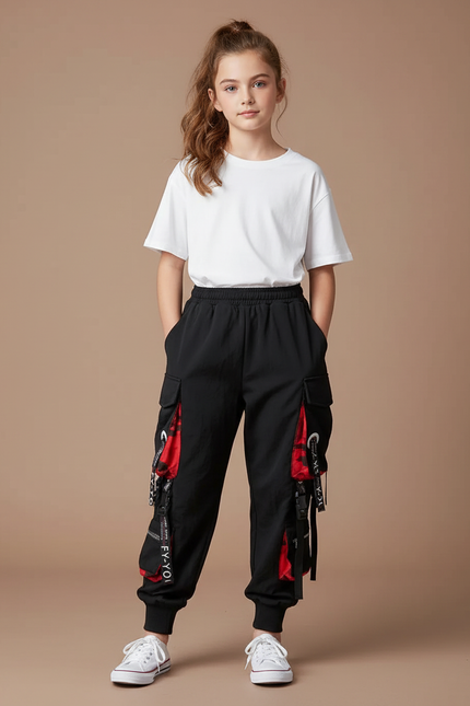 Pantalon Parachute Noir Cargo Ample Rouge Techwear - Polyester
