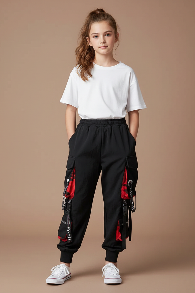 Pantalon Parachute Noir Cargo Ample Rouge Techwear - Polyester