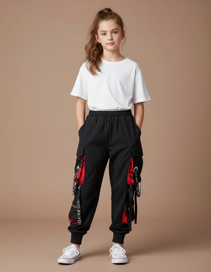 Pantalon Parachute Noir Cargo Ample Rouge Techwear - Polyester