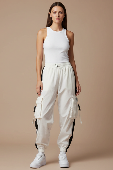 Pantalon Parachute Blanc Cargo Ample Bicolore Femme - Polyester