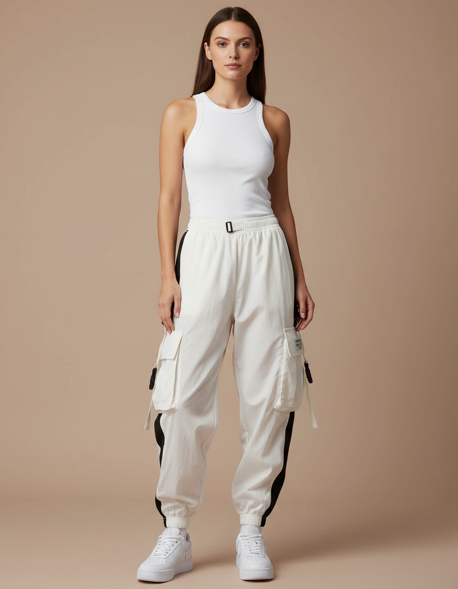 Pantalon Parachute Blanc Cargo Ample Bicolore Femme - Polyester