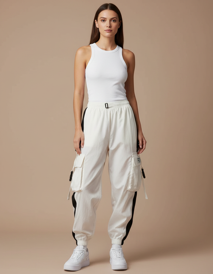 Pantalon Parachute Blanc Cargo Ample Bicolore Femme - Polyester